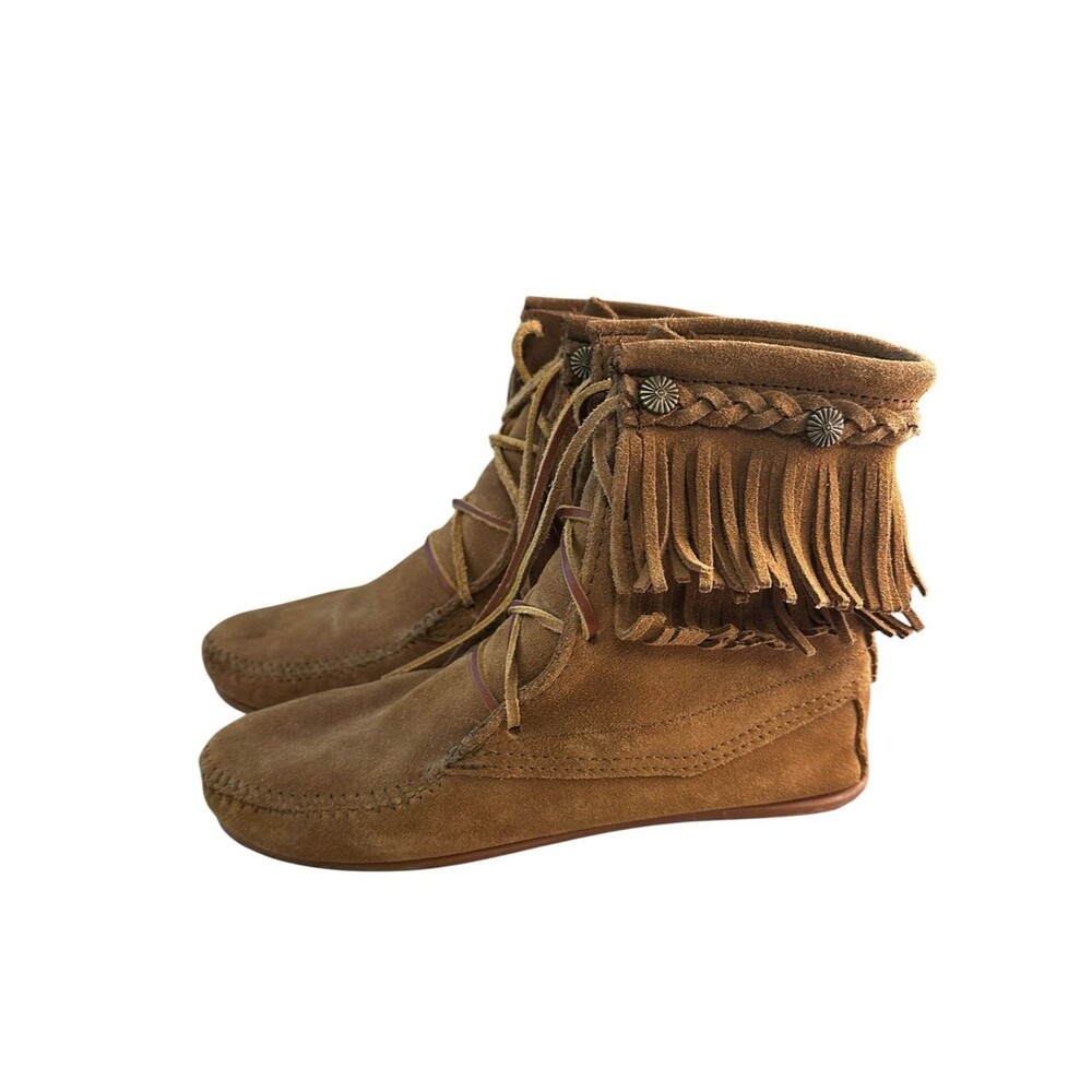 Minnetonka Double Fringe Moccasin Boots W Size 8 Brown Suede Lace Up NWOT Boho